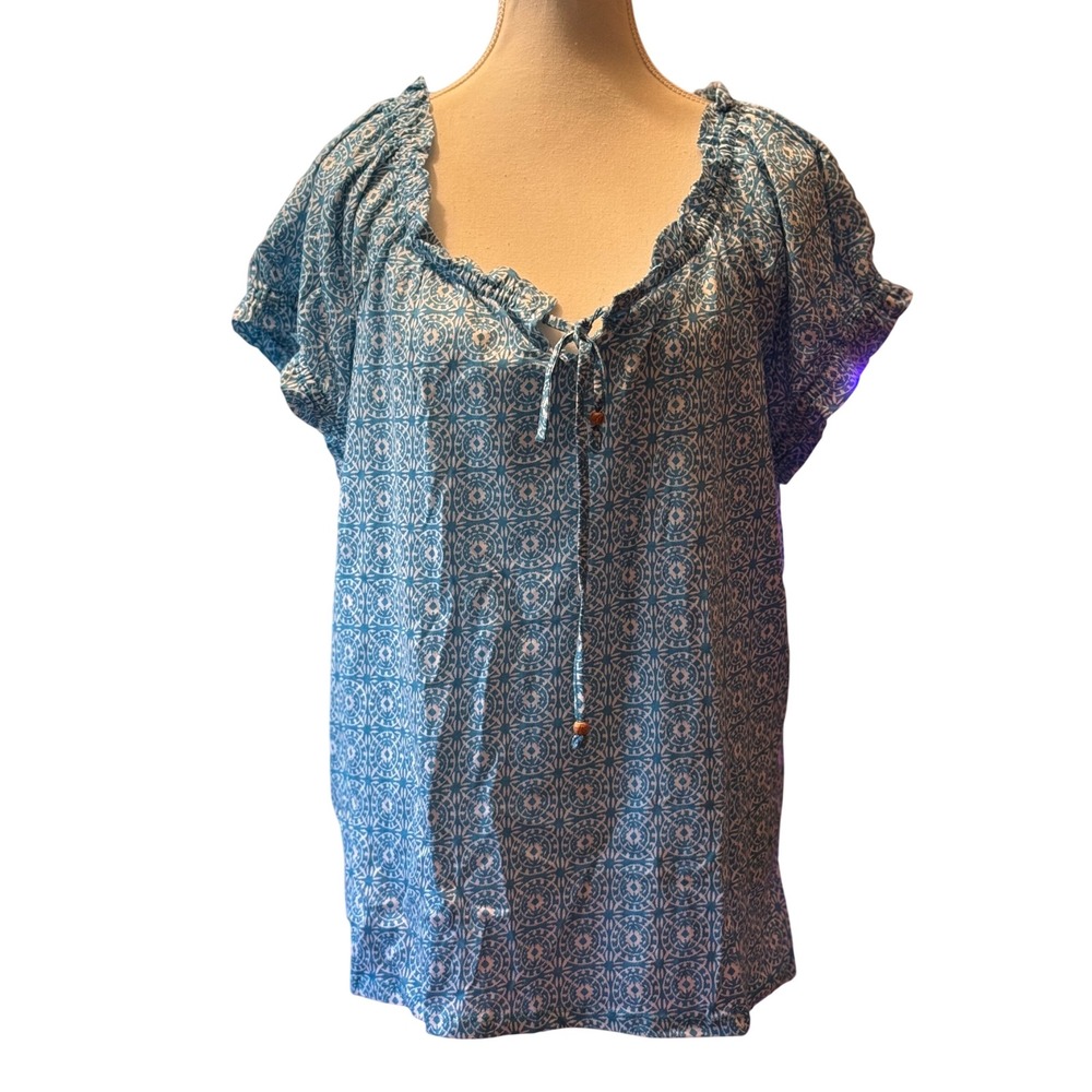 Grace Elements XXL Blue Surf‎ White Print Ruffle Neck Tie Front Top Blouse